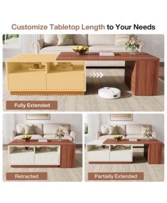 Coffee Table, Extendable Coffee Table with 2 Drawers and Storage Shelves, Rectangular Wooden Center Table with Reversible Tabletop for Living Room (White & Walnut