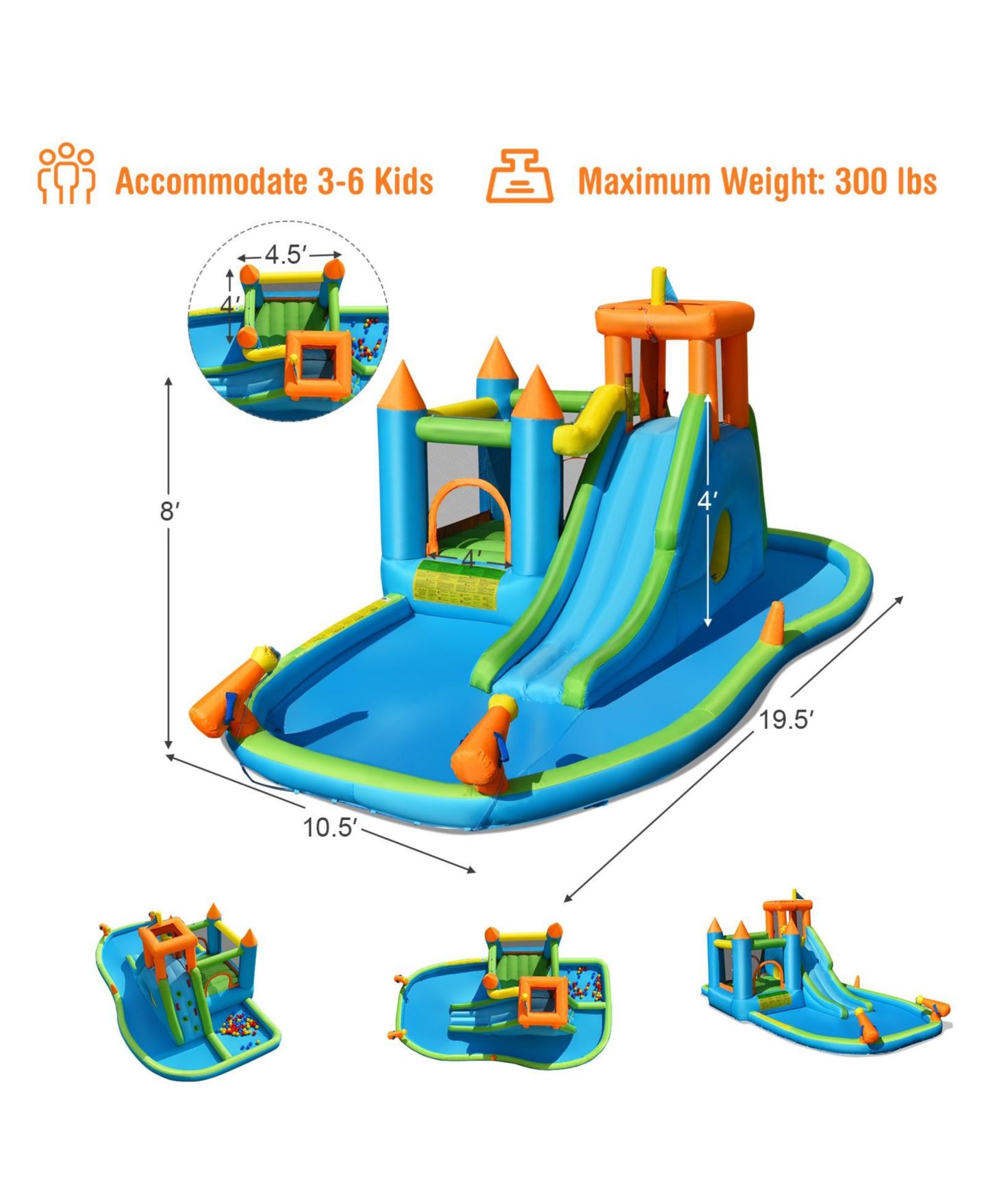 Детская игрушка Slickblue Water Slide Bounce House with Climbing Wall, Accommodates 3-6 Kids, Ages 3+, цвет: Синий — фото 4