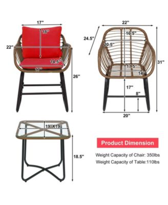 3-Piece Patio Bistro Set Cushioned Chairs & Glass Table for Deck, Balcony, or Garden