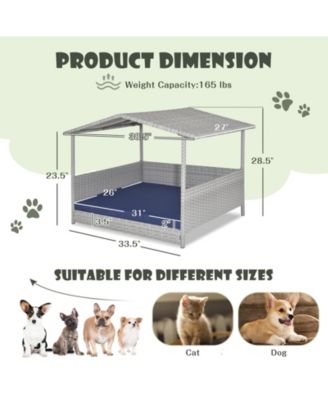 Wicker Dog House with Waterproof Roof and Washable Cushion Cover