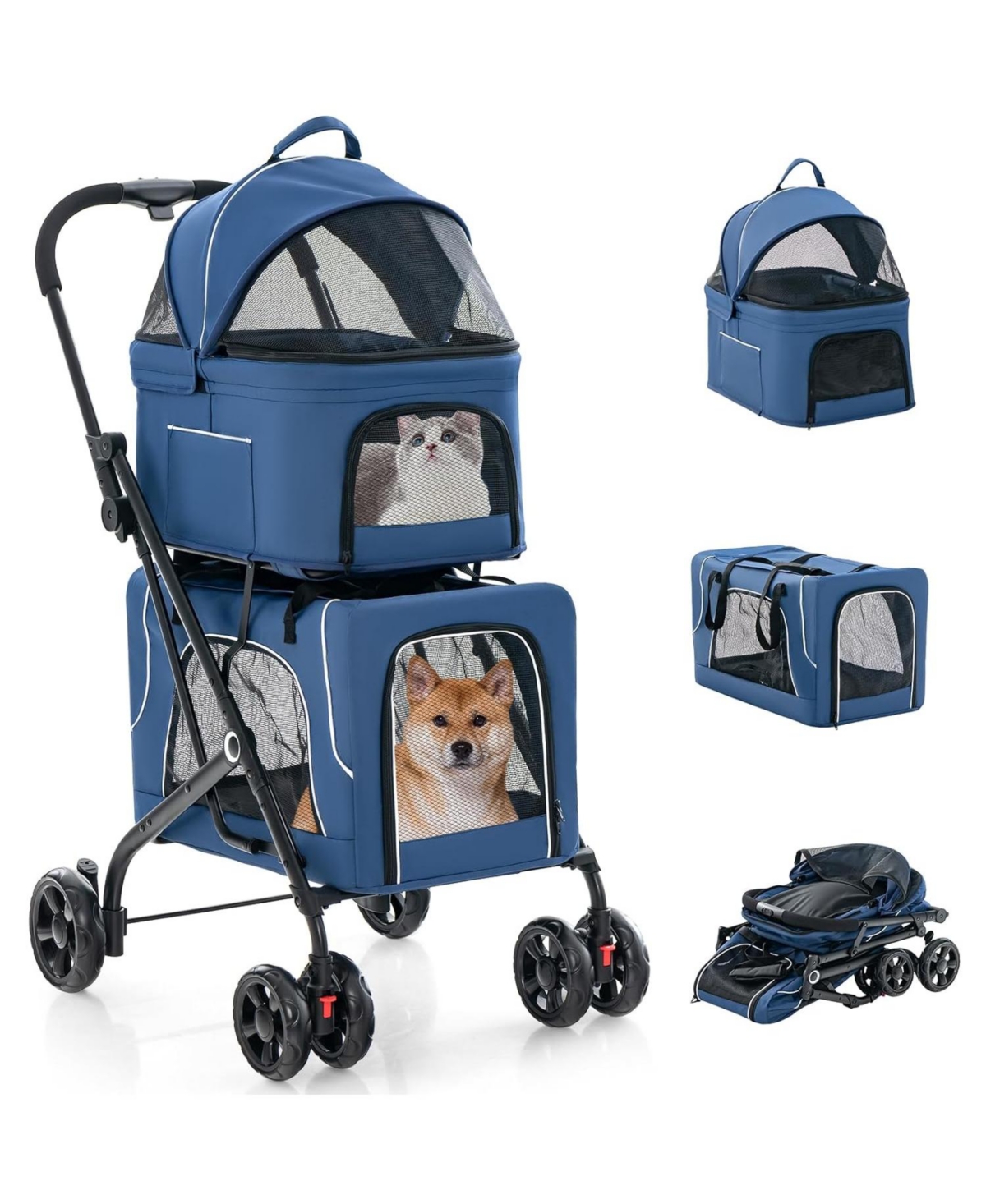 Double Pet Stroller Foldable 3-in-1 Dog Stroller with 2 Detachable Carriers - Blue
