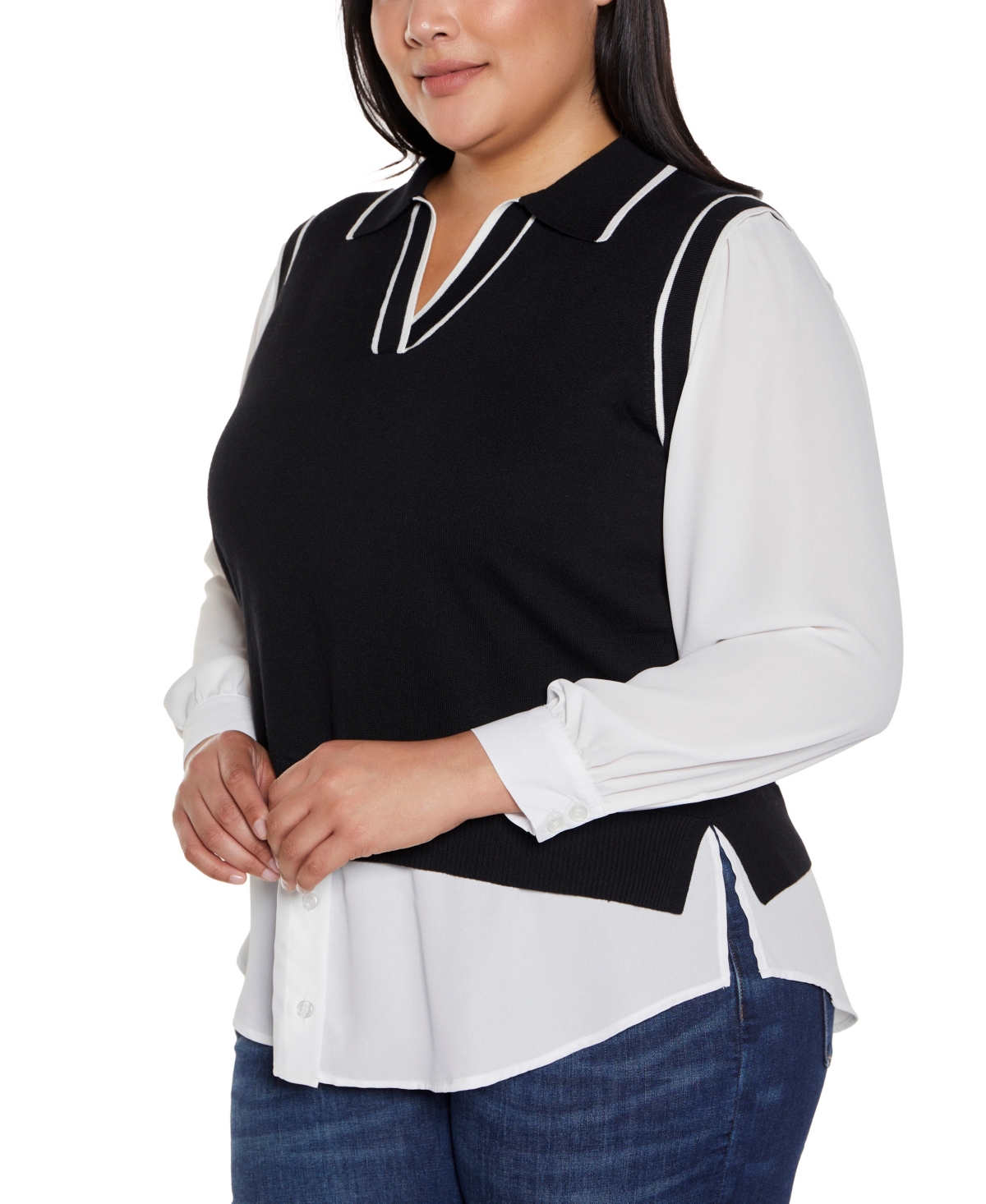 BELLDINI PLUS SIZE COLLARED SPLIT-NECK TWO-FER SWEATER 