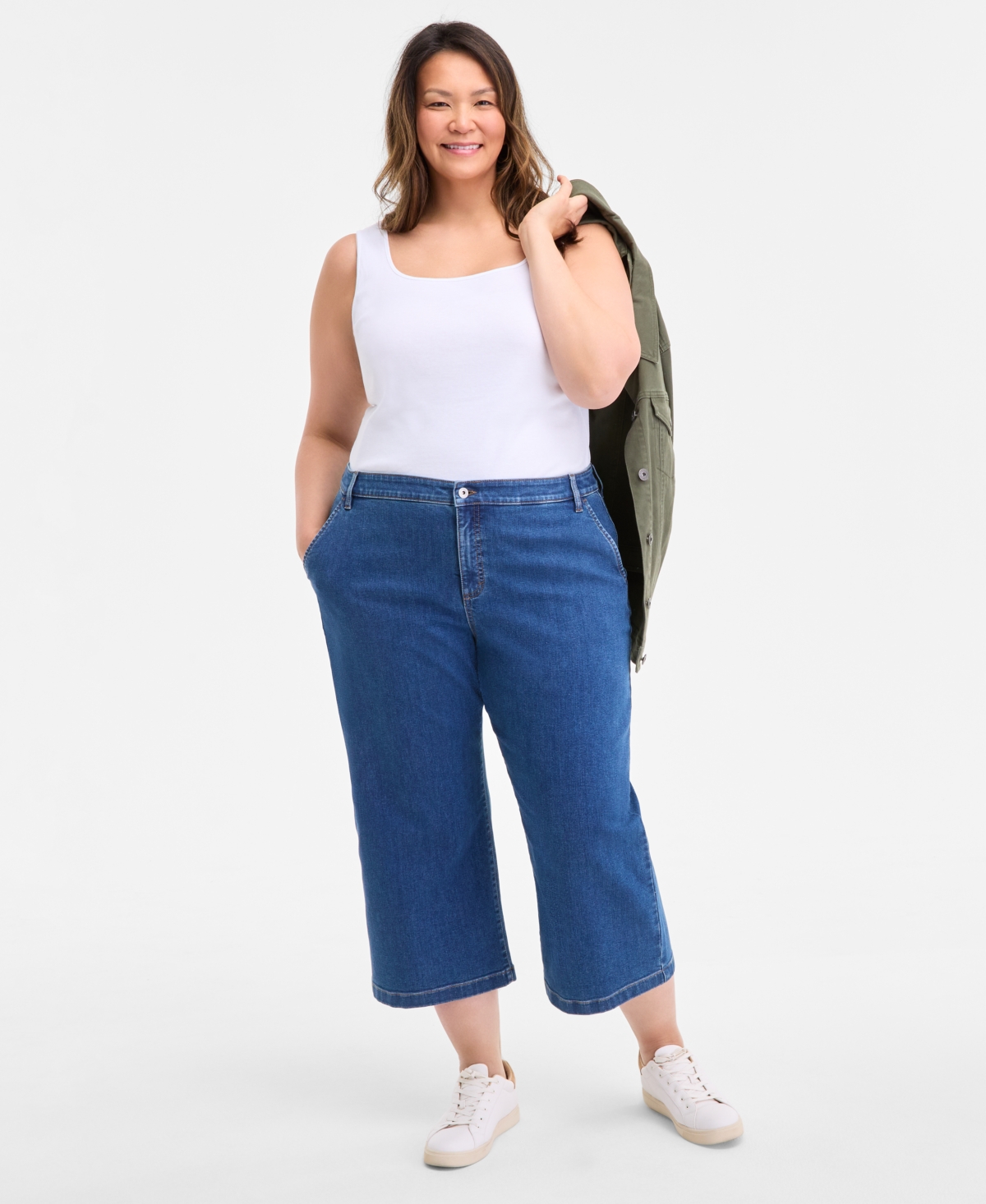 Plus Size High-Rise Wide-Leg Crop Jeans, Exclusively at Macy's - Medium Wash