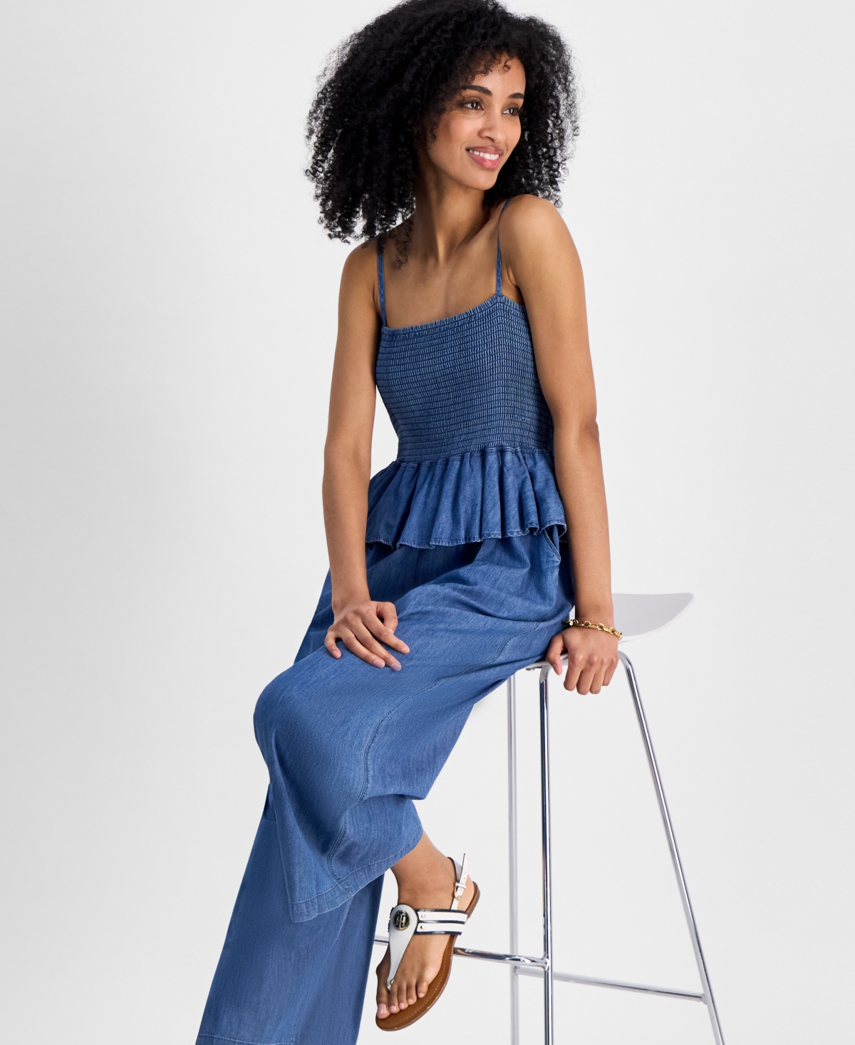 Tommy Hilfiger Women's Chambray Peplum Jumpsuit In Med Benson
