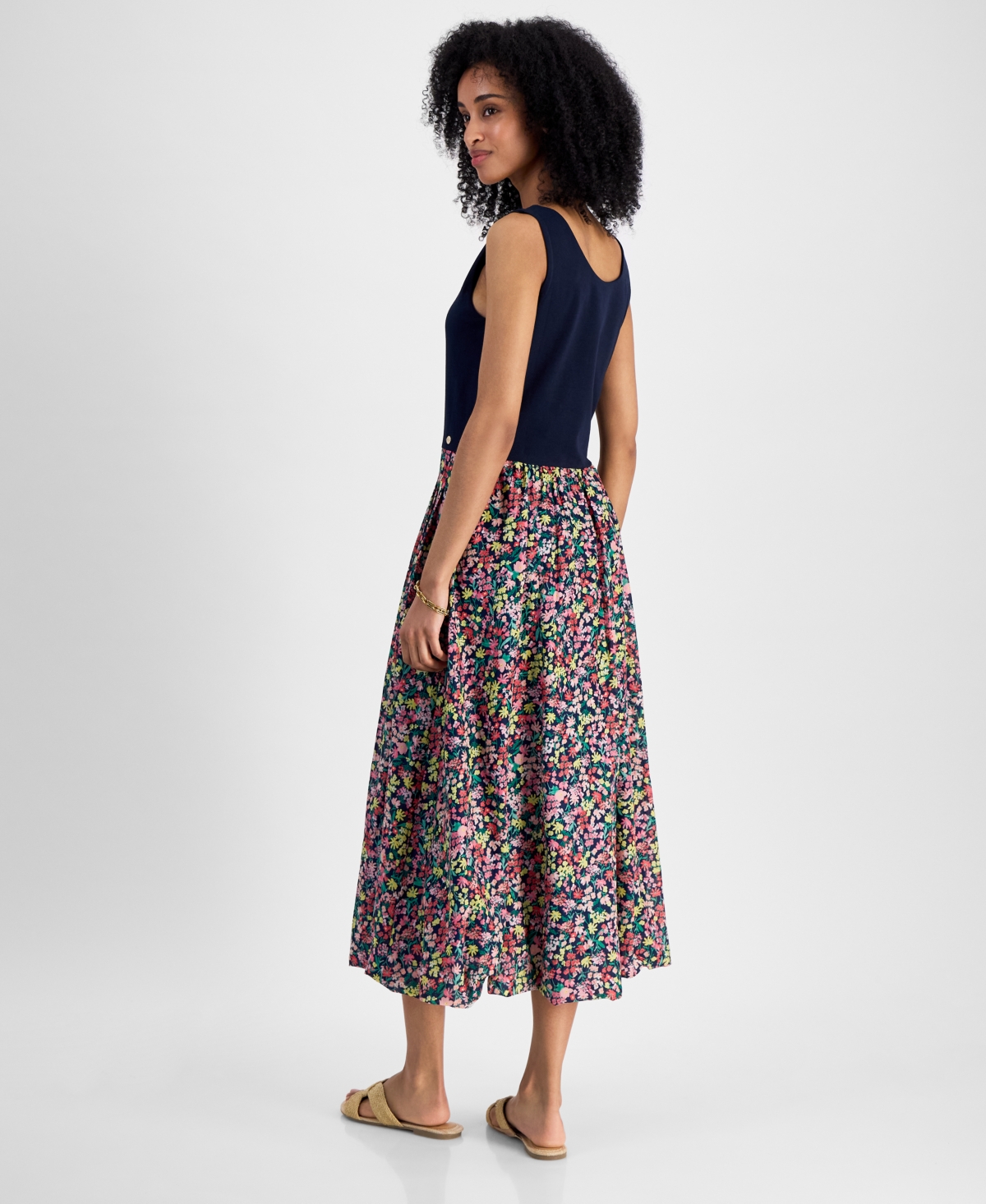 Tommy Hilfiger Plus Size Floral-print-skirt Sleeveless Dress In Sky Captain Multi