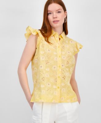 T Tahari - Women's Cotton Eyelet Flutter-Sleeve Top