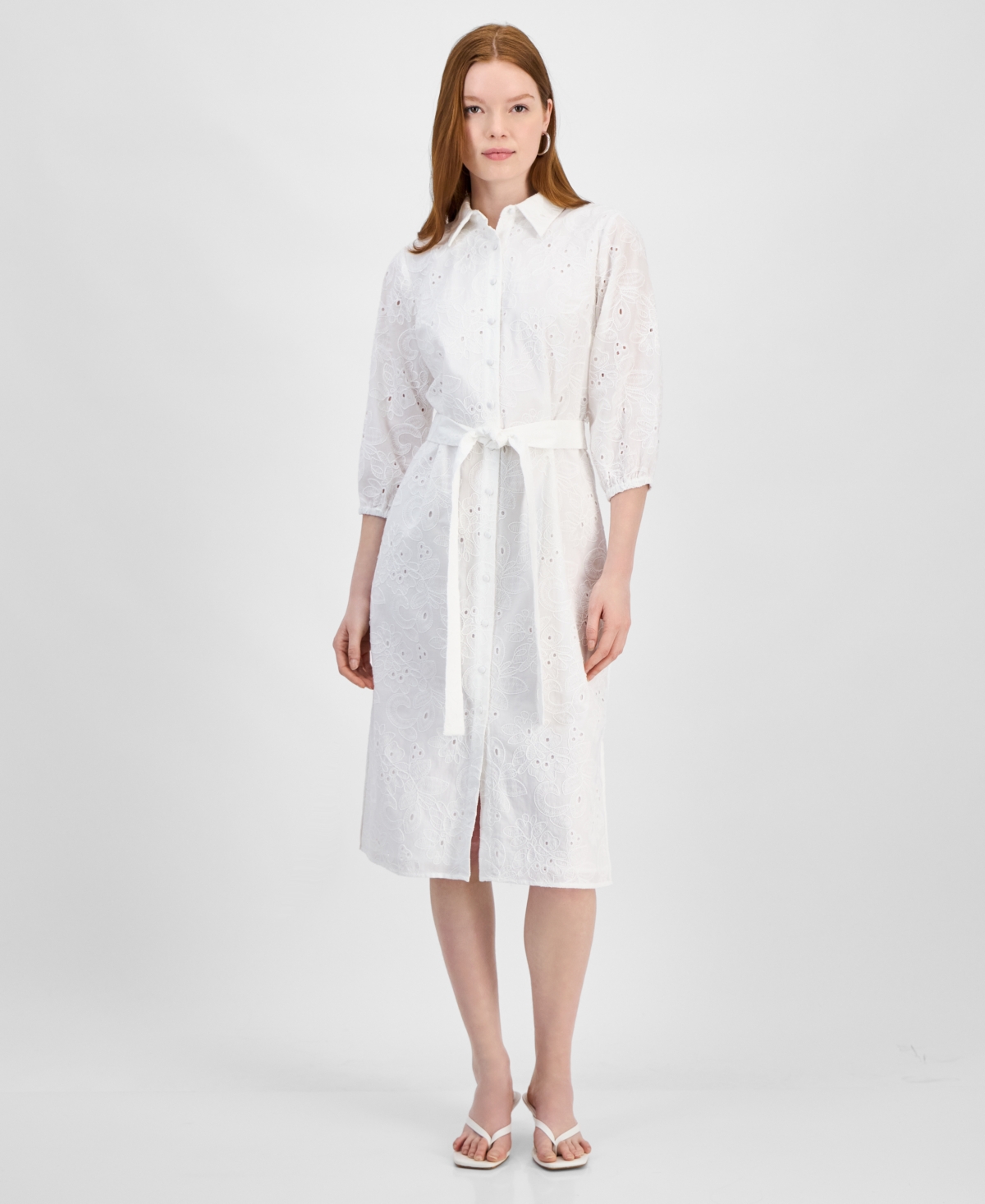 T Tahari Women's Embroidered Eyelet Belted Shirtdress In White Star