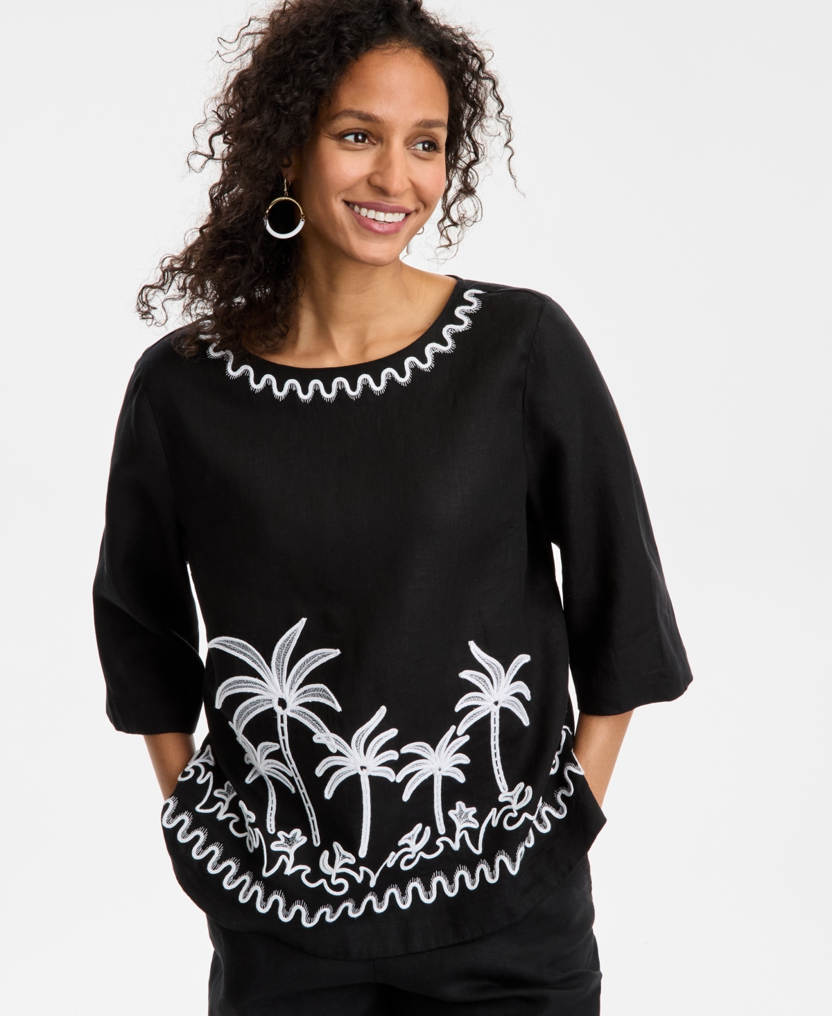 CHARTER CLUB WOMEN'S PALM-APPLIQUE 100% LINEN TOP, EXCLUSIVELY AT MACY'S 