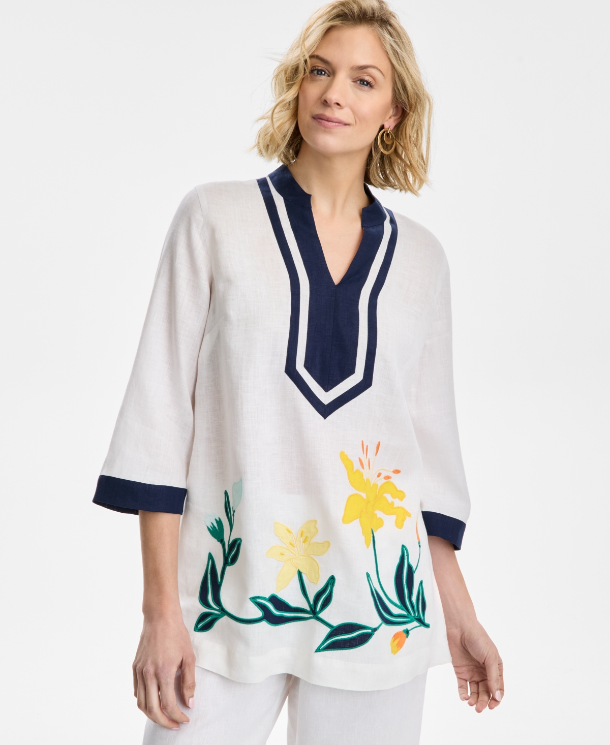 Charter Club Womens Embroidered 3 4 Sleeve 100 Linen Tunic Top Embroidered 100 Linen Drawstring Pants Exclusively In White Combo