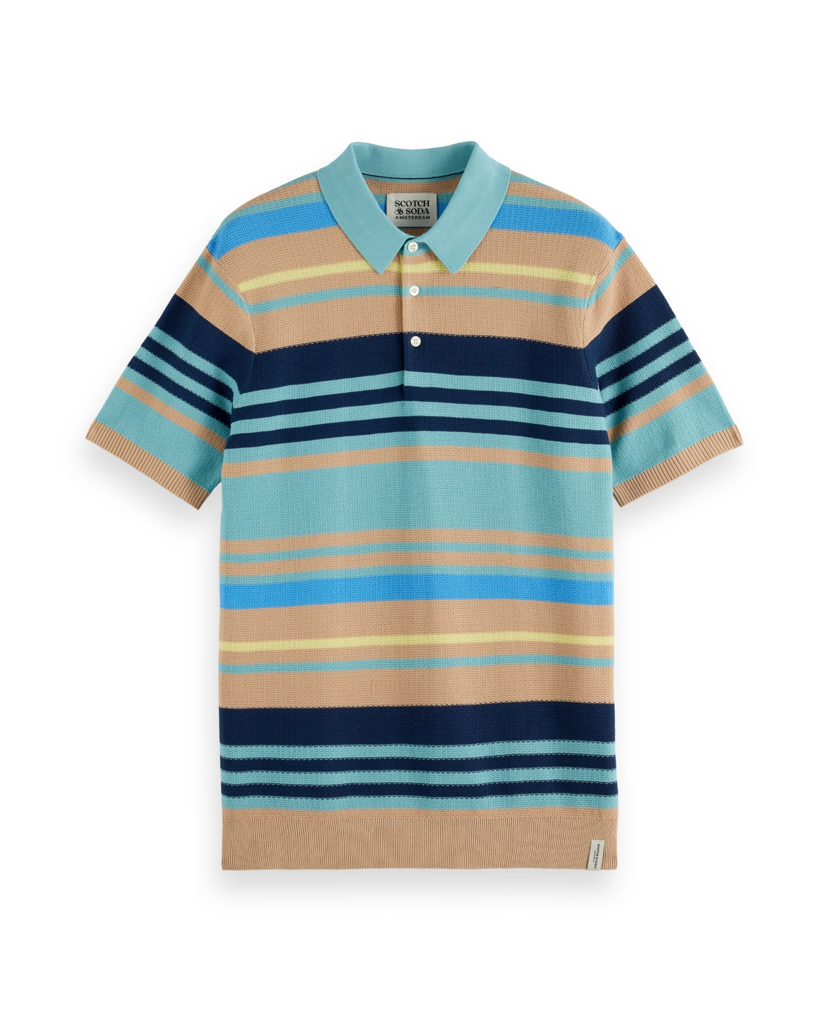 Scotch & Soda Stripe Textured Cotton Knit Polo In Soft Camel Multi Stripes
