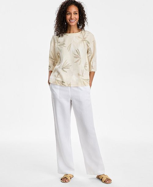 alfani Charter Club Women's Palm-Print 100% Linen Top & 100% Linen Drawstring Pants Exclusively at Macy's Women's Fashion Shoes & Accessories