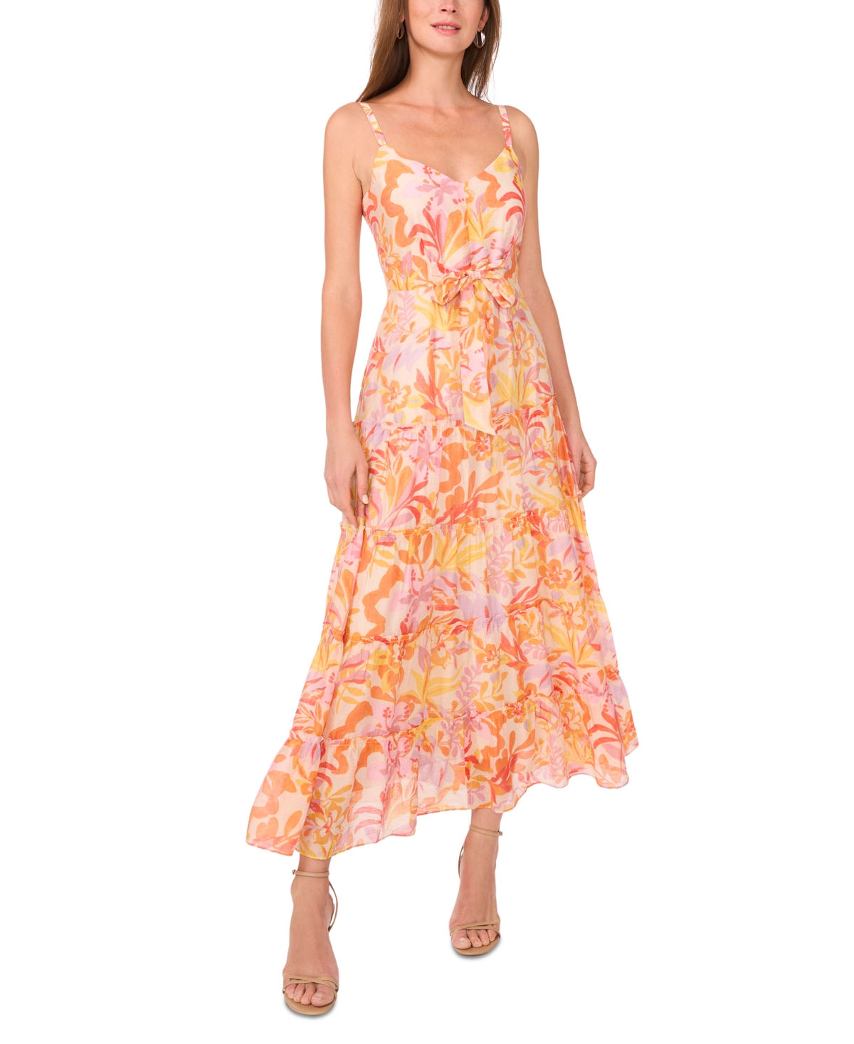 Women's Printed-Chiffon Tie-Waist Tiered Maxi Dress - Peach/multi