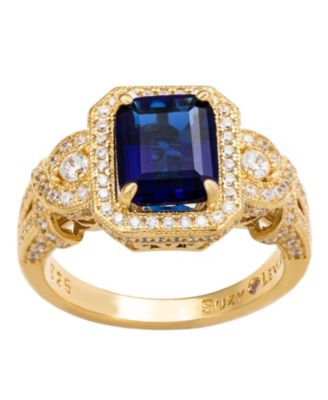 Suzy Levian Yellow Sterling Silver Emerald-Cut Blue and White Cubic Zirconia Pave Ring
