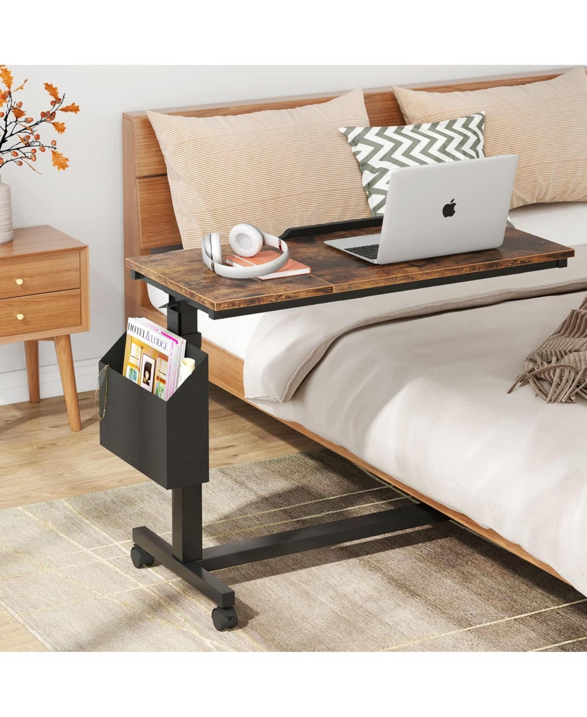 Tribesigns Height Adjustable C Shaped End Table with Wheels and Side Pocket, Mobile Sofa Snack Tiltable Drawing Board for Couch Bed