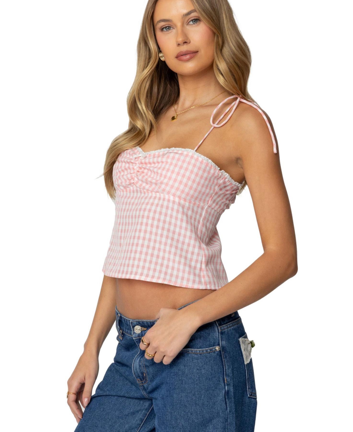 Womens Billie Open Tie Back Gingham Top - Light-pink