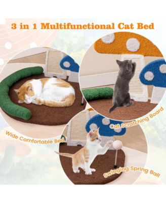 Mushroom Cat Bed with Cat Claw Scratcher & Wide Scratch Panel Cozy & Fun Playhouse for Cats