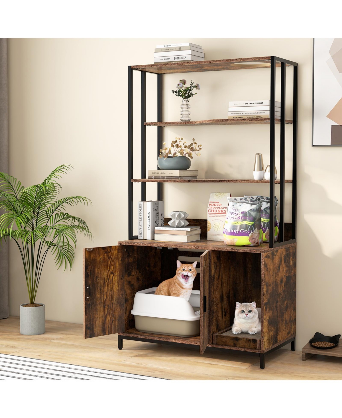 Cat Litter Box Enclosure with Storage & 3-Tier Shelves Stylish Functional Hidden Cabinet