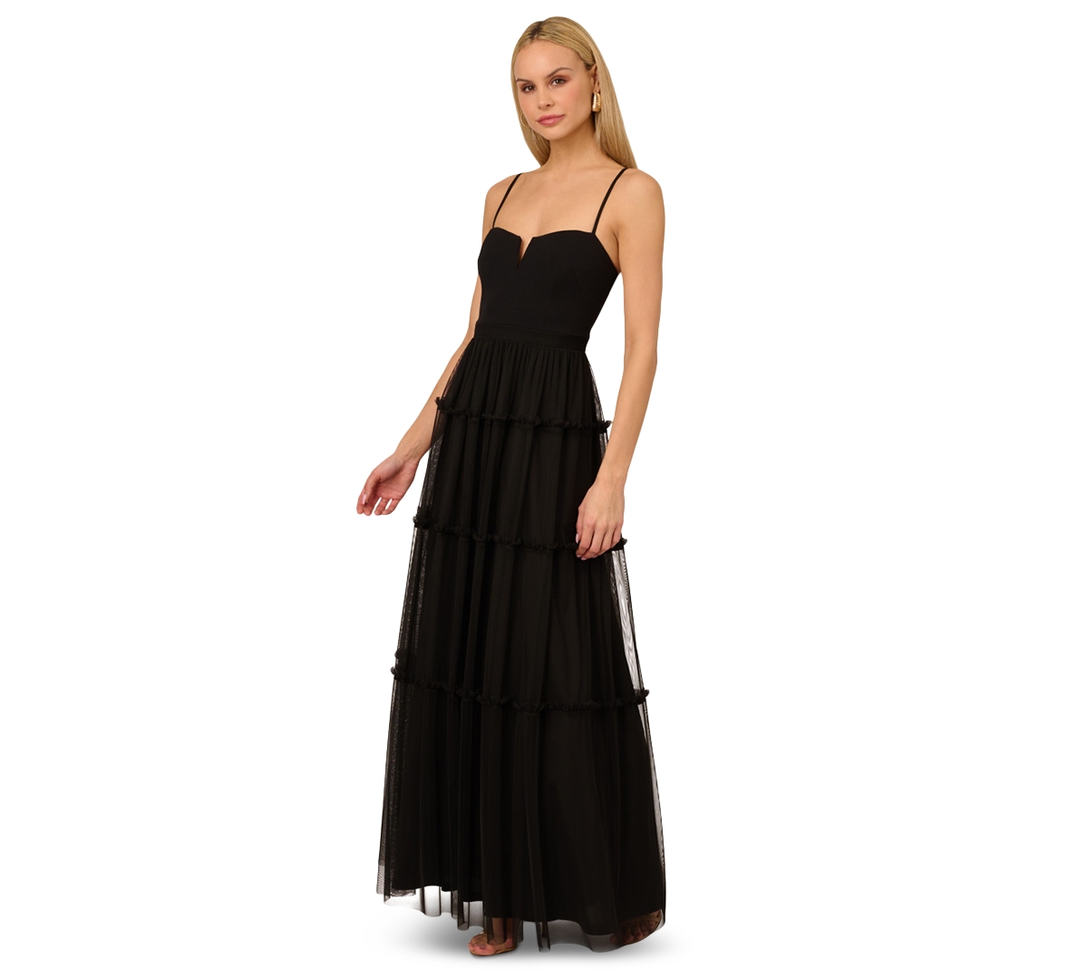 Adrianna By Adrianna Papell Women's Ruffle Tiered Mesh Sleeveless Gown In Black