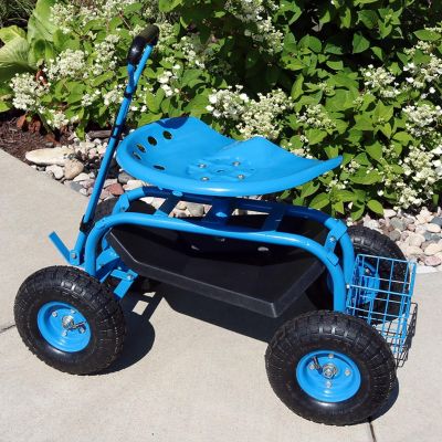 Garden Cart Rolling Scooter with Extendable Steering Handle - Swivel Seat and Utility Basket - Blue