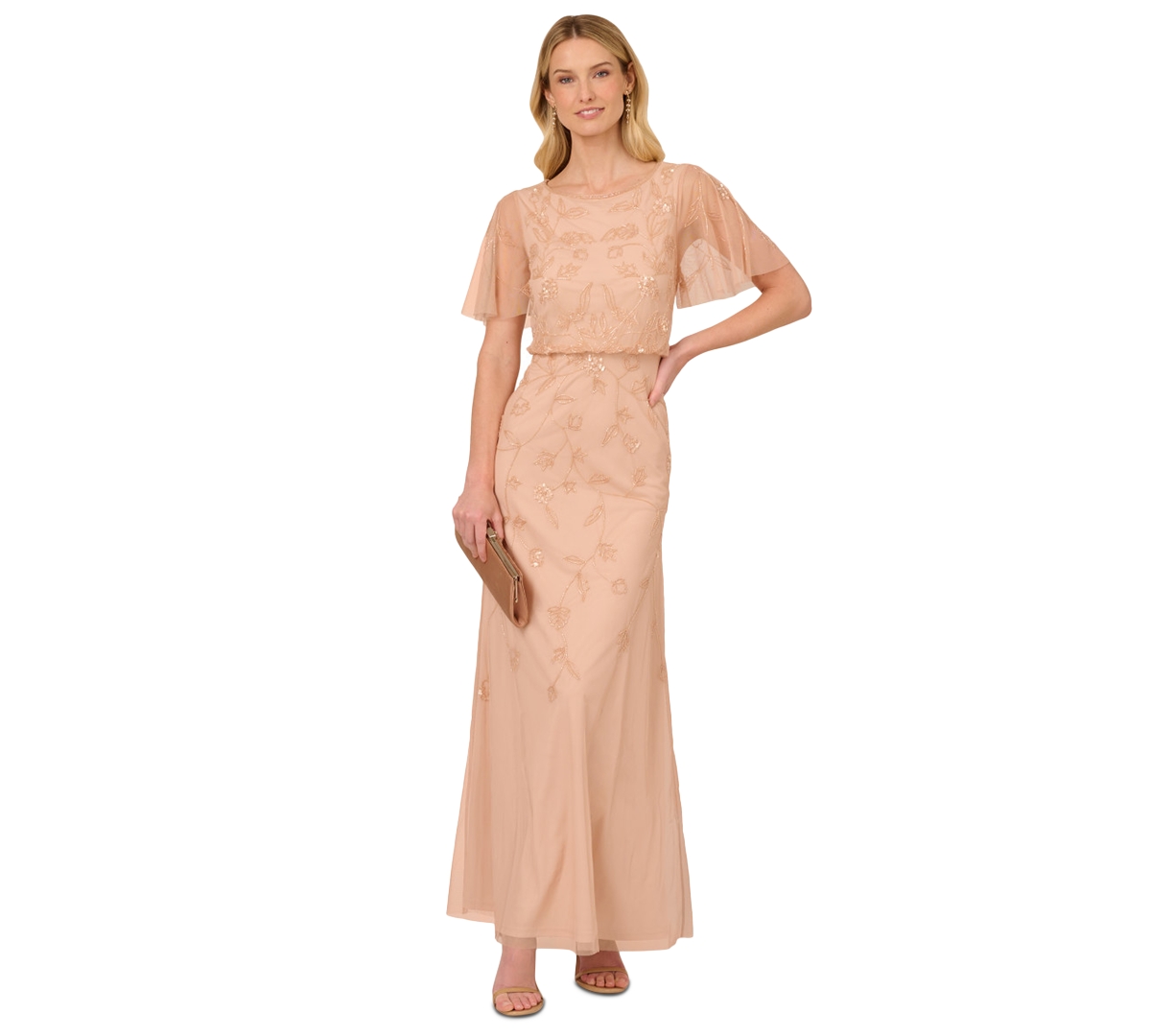 ADRIANNA PAPELL WOMEN'S BEADED FLUTTER-SLEEVE GOWN 
