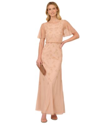 Adrianna Papell Women's Beaded Flutter-Sleeve Gown - Blush - Size 14