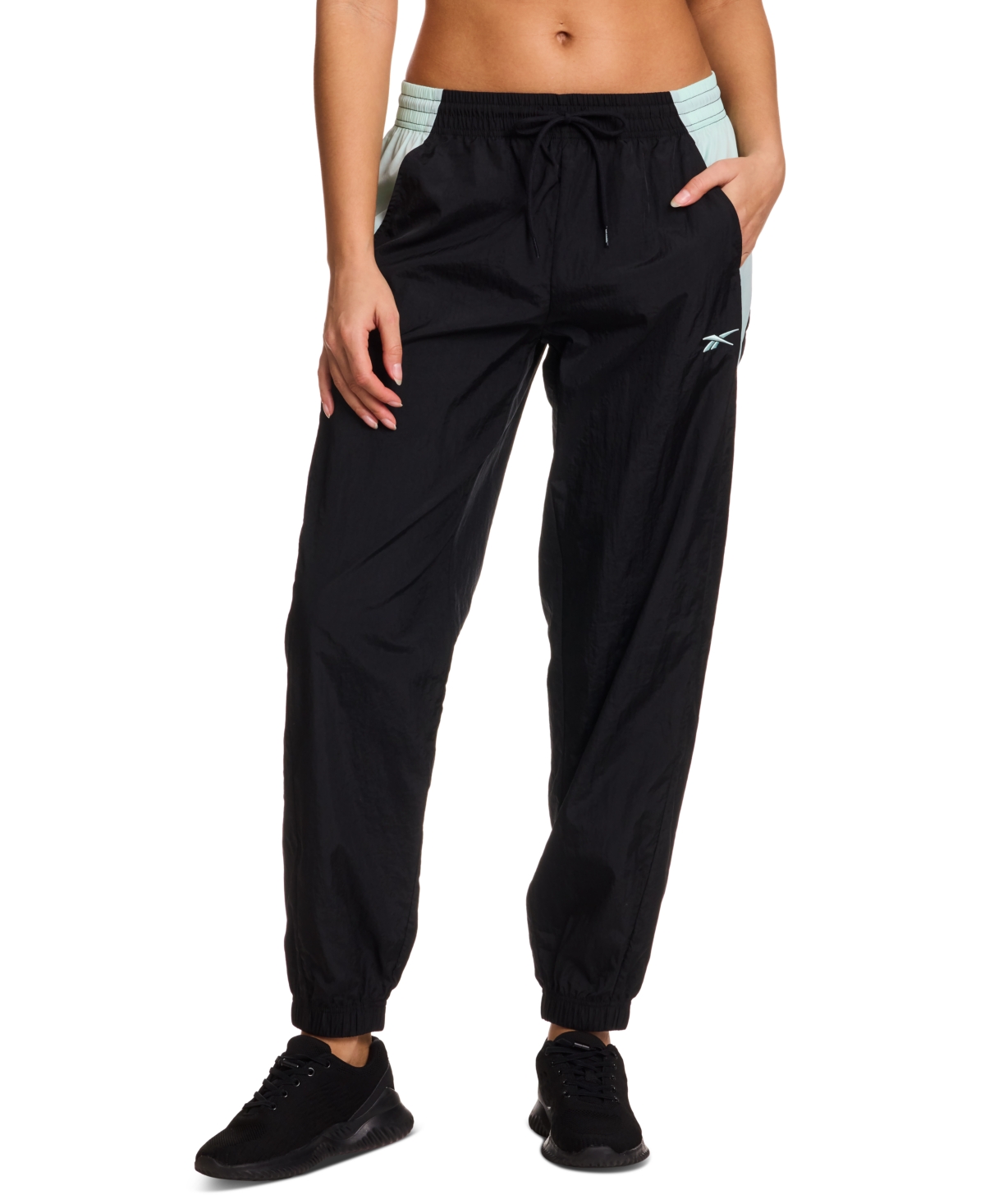 Women's Woven Crinkle Colorblocked Jogger Pants - Black/glitch Aqua