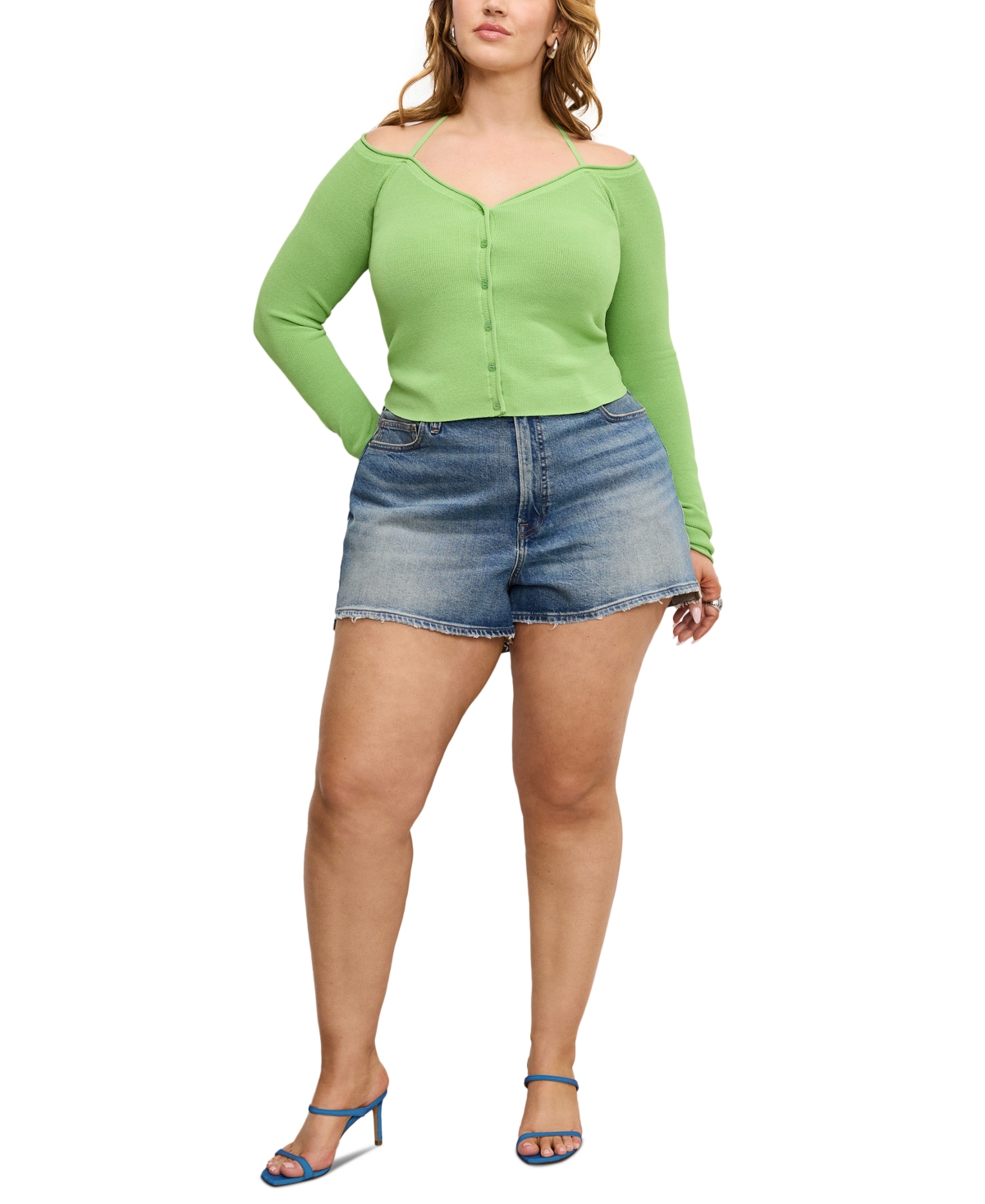 Shop Good American Women's Rib-knit Off-shoulder Long-sleeve Top In Lime005