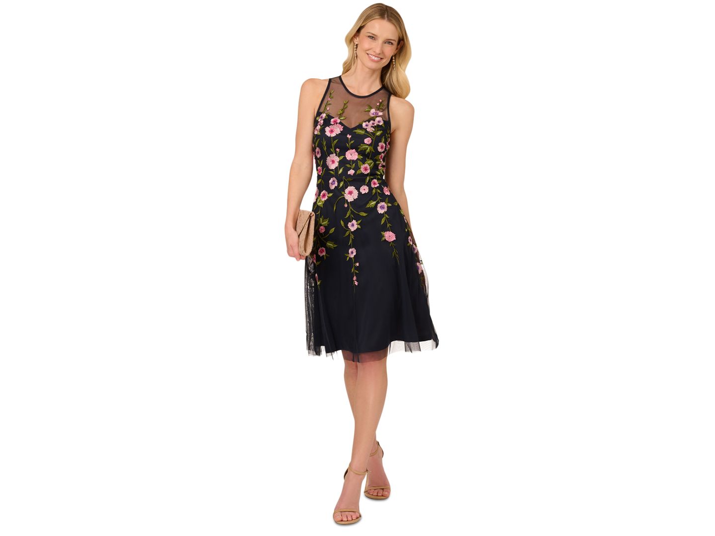Женское платье Adrianna Papell Embroidered Beaded Fit & Flare, цвет: Полуночный разноцветный — фото 1