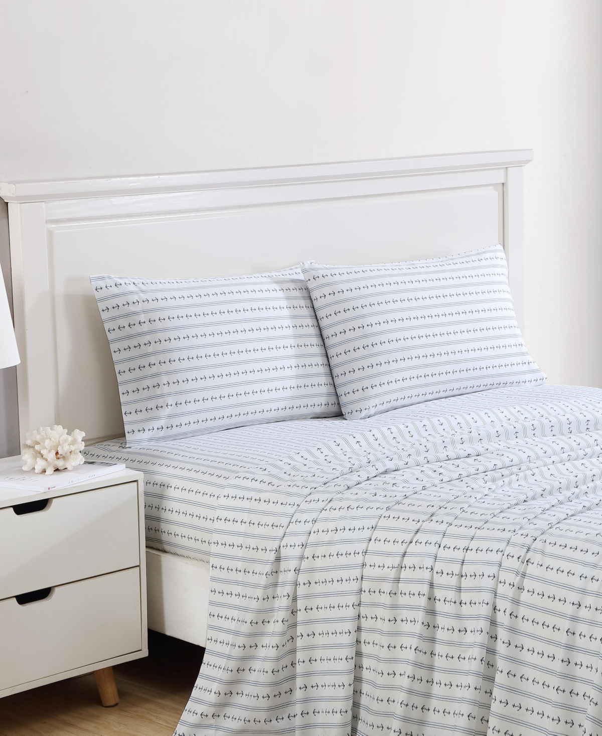 Nautica Cotton Percale 4-piece Sheet Set, Queen In Anchor Lines Blue