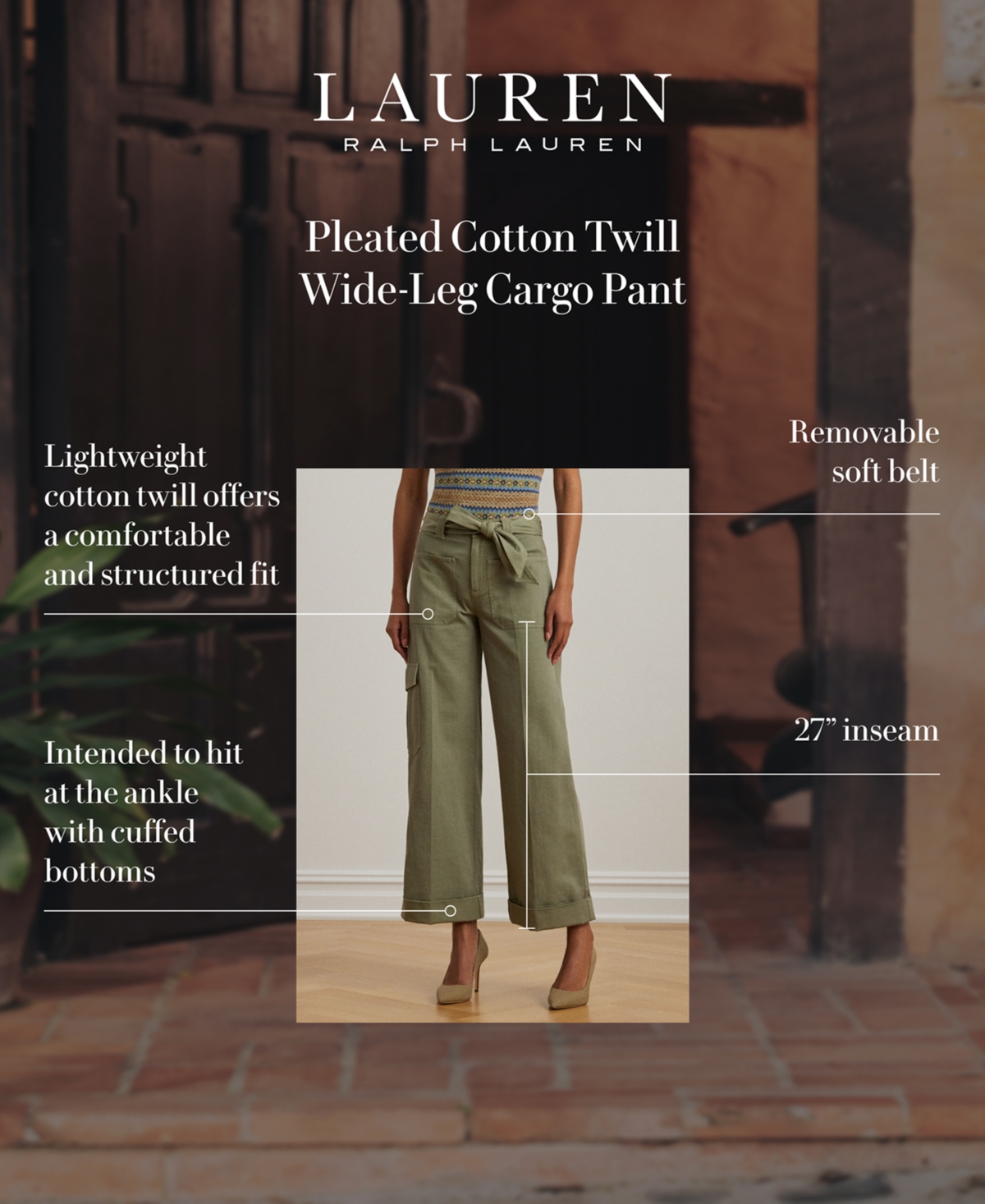 RALPH LAUREN WOMEN'S PLEATED COTTON TWILL WIDE-LEG CARGO PANTS, REGULAR & PETITE 