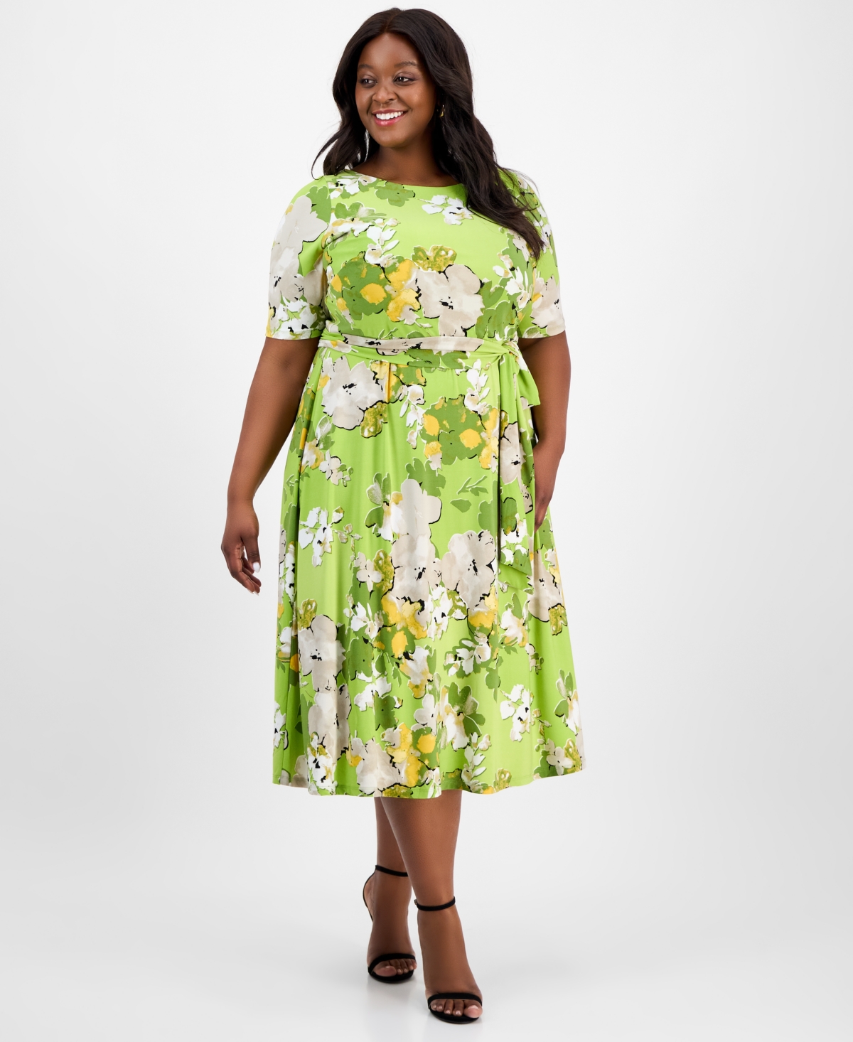 Plus Size Printed Tie-Waist Midi Dress - Kiwi Multi