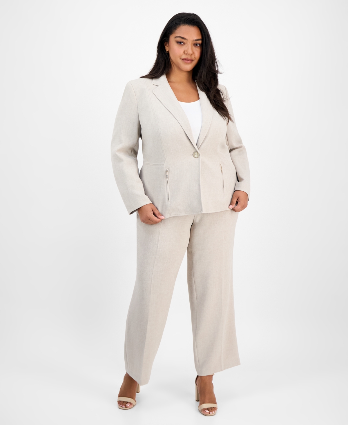 Kasper Plus Size One-button Zip-pocket Blazer In Summer Straw