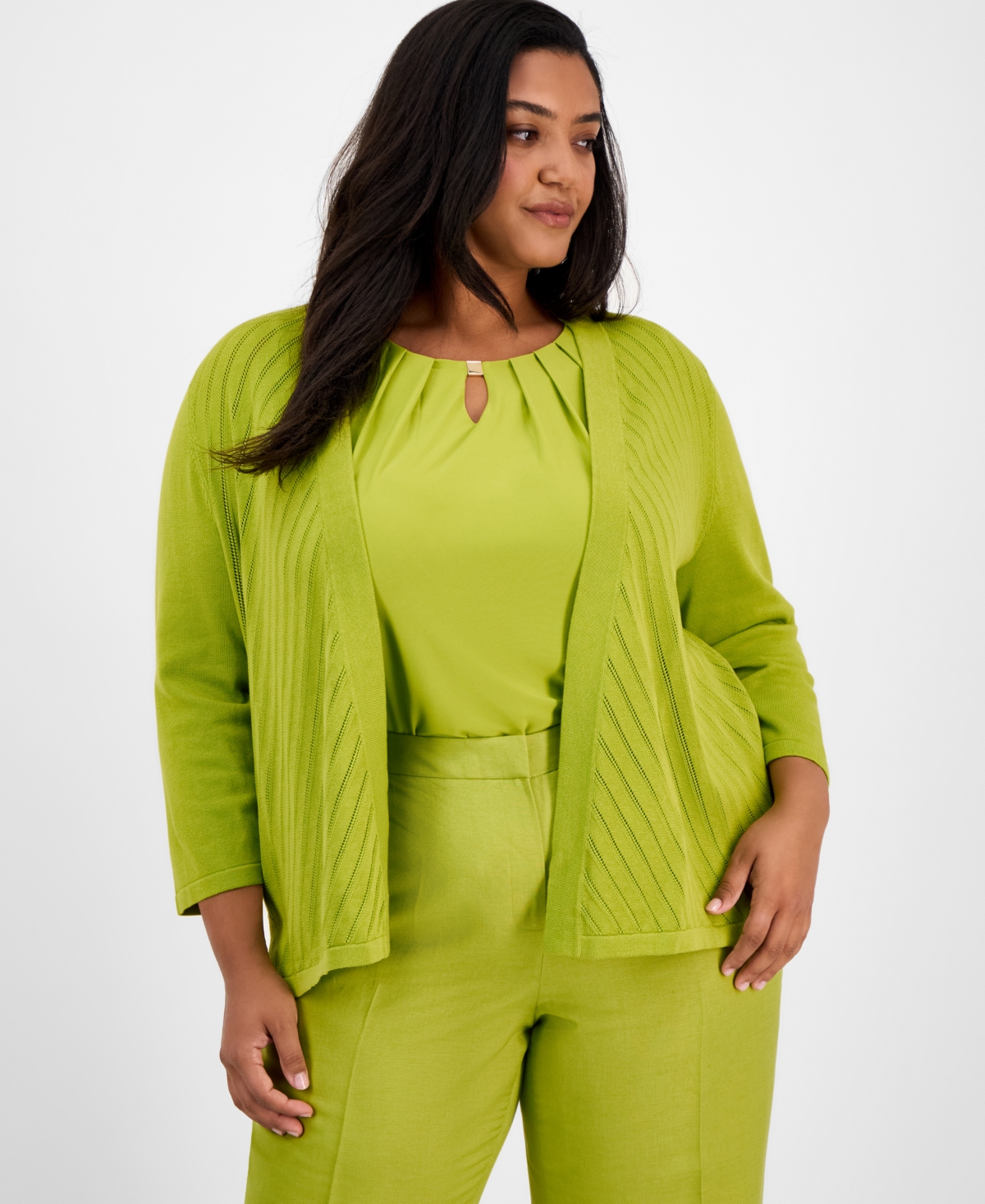 Kasper Plus Size Diagonal Stitch Open-front Cardigan In Kiwi