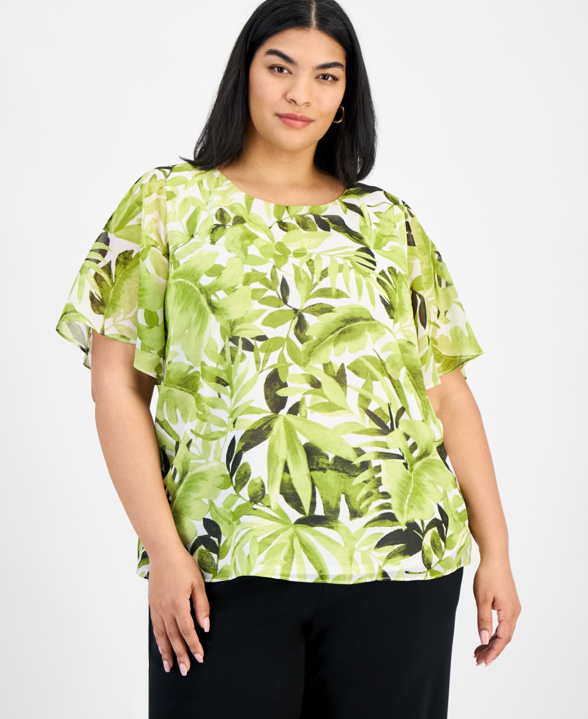 Plus Size Printed Flutter-Sleeve Blouse - Kiwi Multi