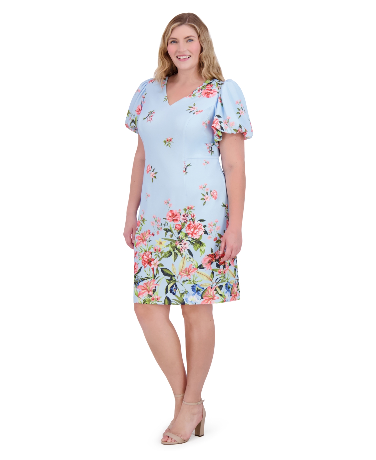ELIZA J PLUS SIZE PRINTED V-NECK PUFF-SLEEVE DRESS 