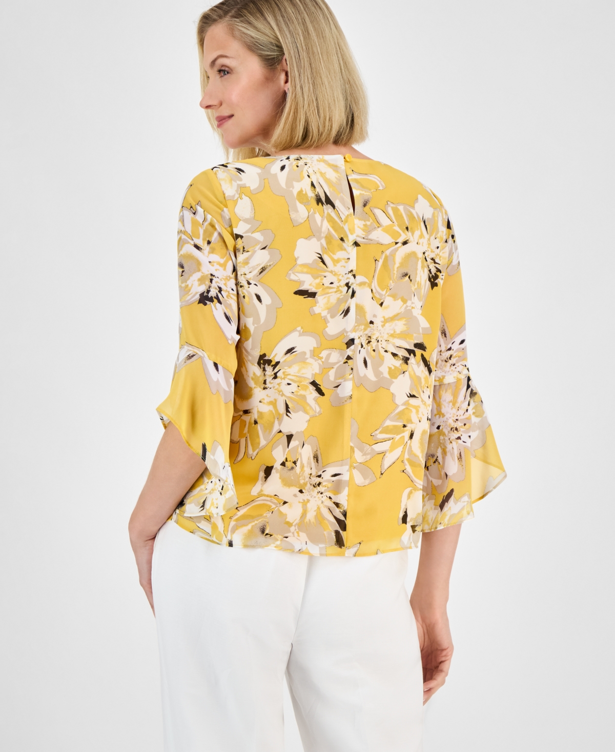 Kasper Women's Printed Ruffled Bell-sleeve Top, Regular & Petite In Butterscotch Multi