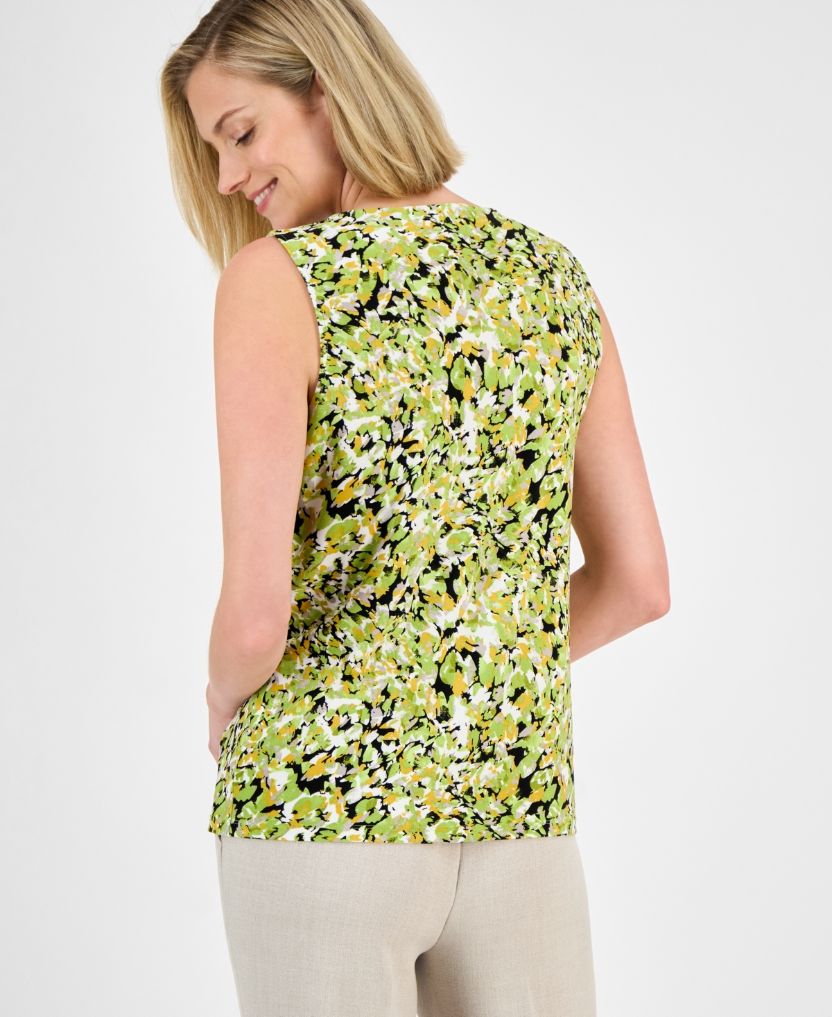 Kasper Women's Printed Pleated-neck Keyhole Top, Regular & Petite In Kiwi Multi