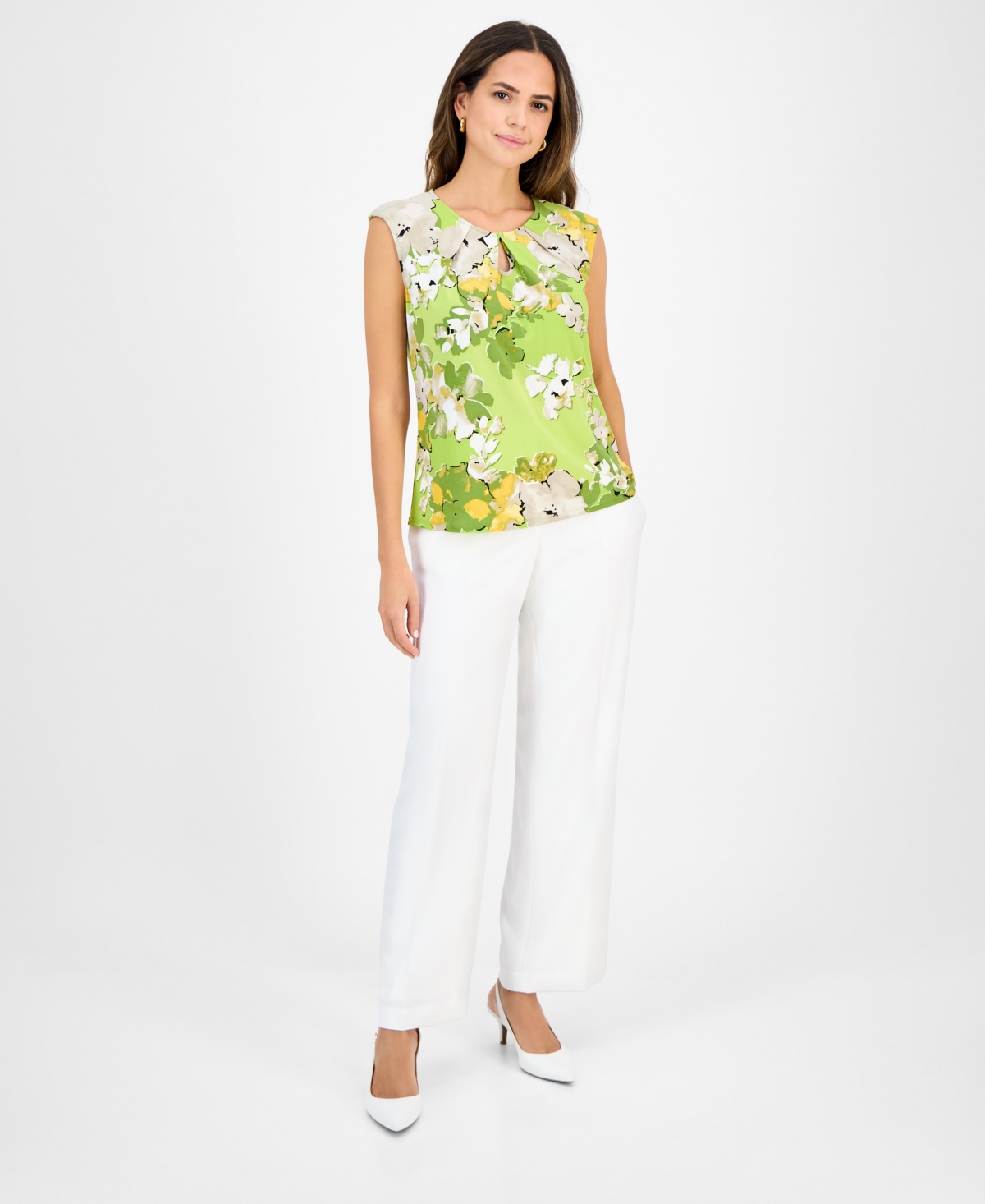 Kasper Plus Size Sleeveless Printed Keyhole Blouse In Kiwi Multi