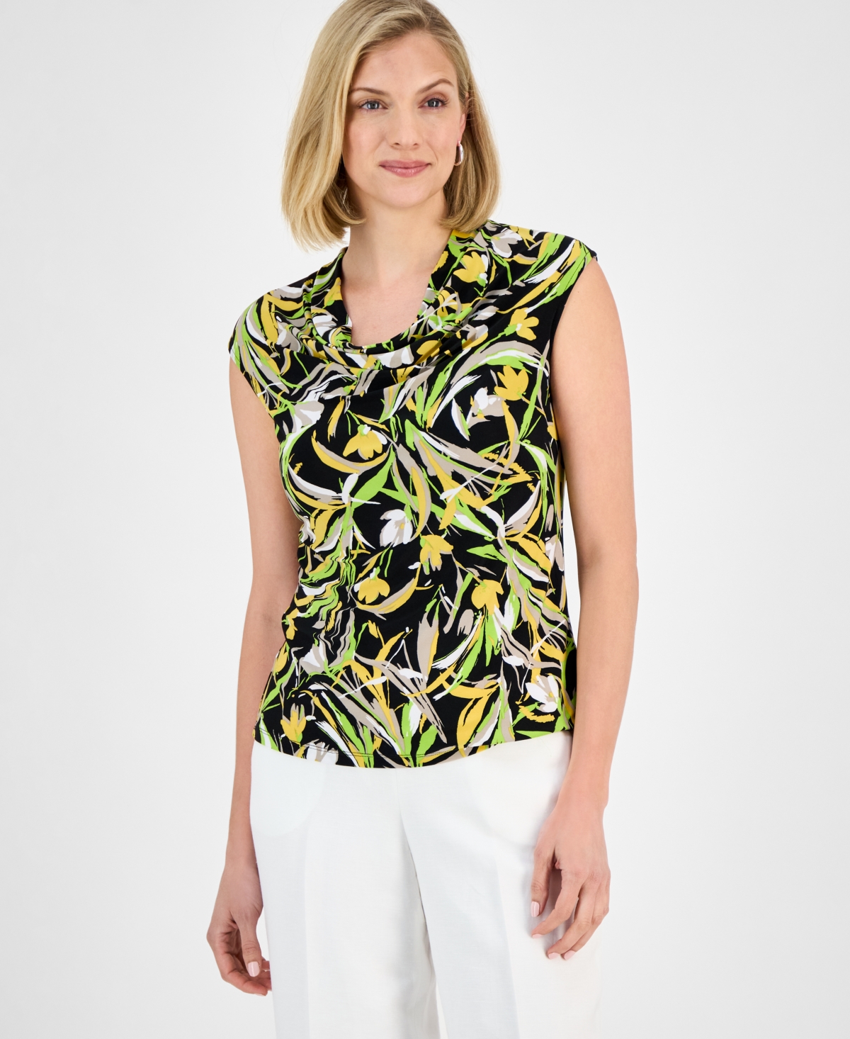 Women's Floral-Print Cowlneck Cap-Sleeve Top - Black Multi