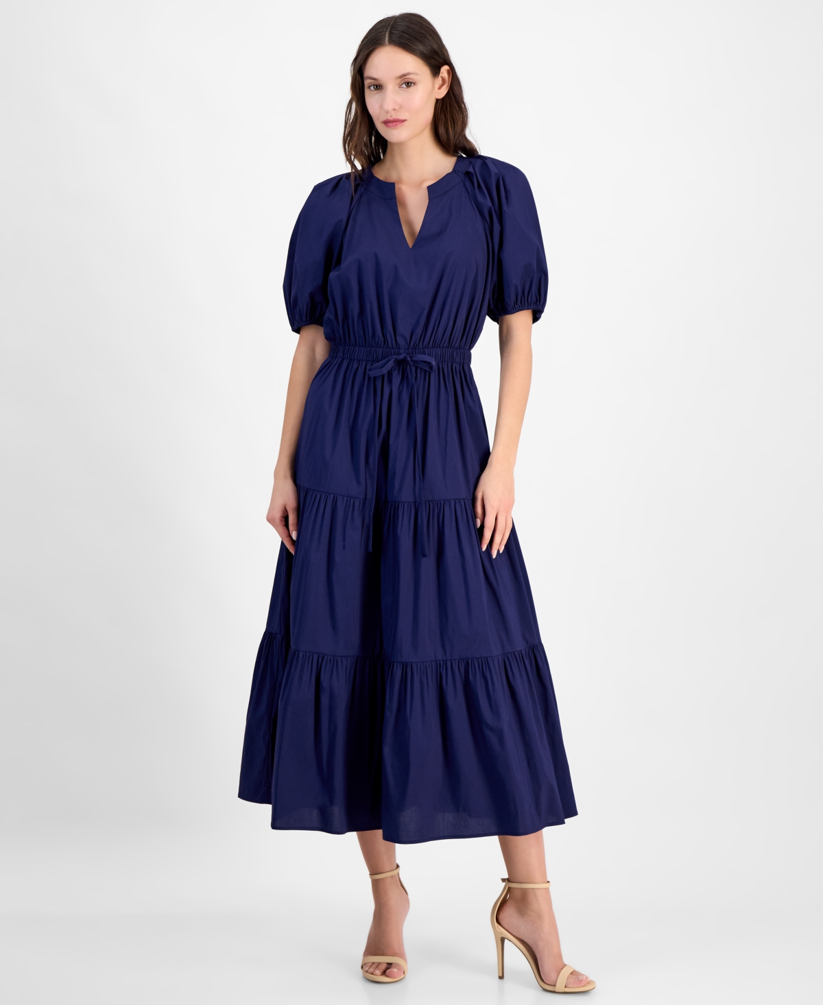 Anne Klein Petite Puff-sleeve Tiered Denim Midi Dress In Blue