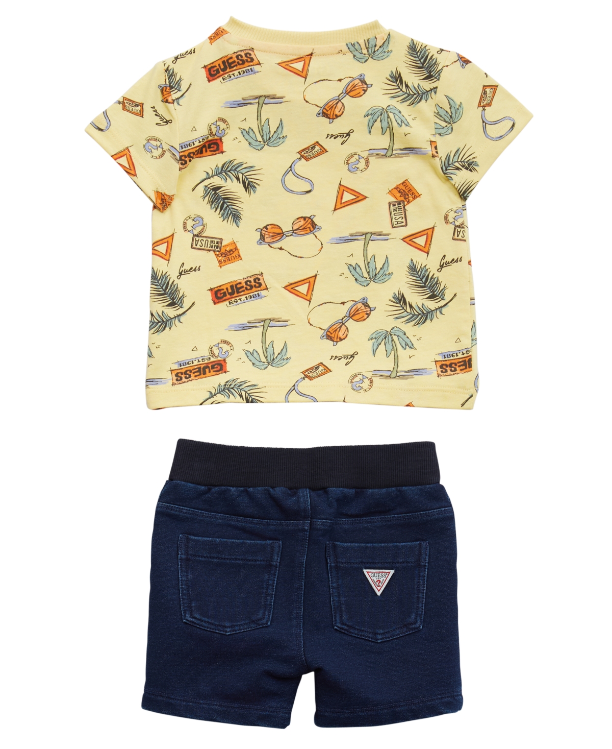 Guess Baby Boys 2-piece Short All Over Print Short Sleeve T-shirt And Knit Denim Short Set In Yellow
