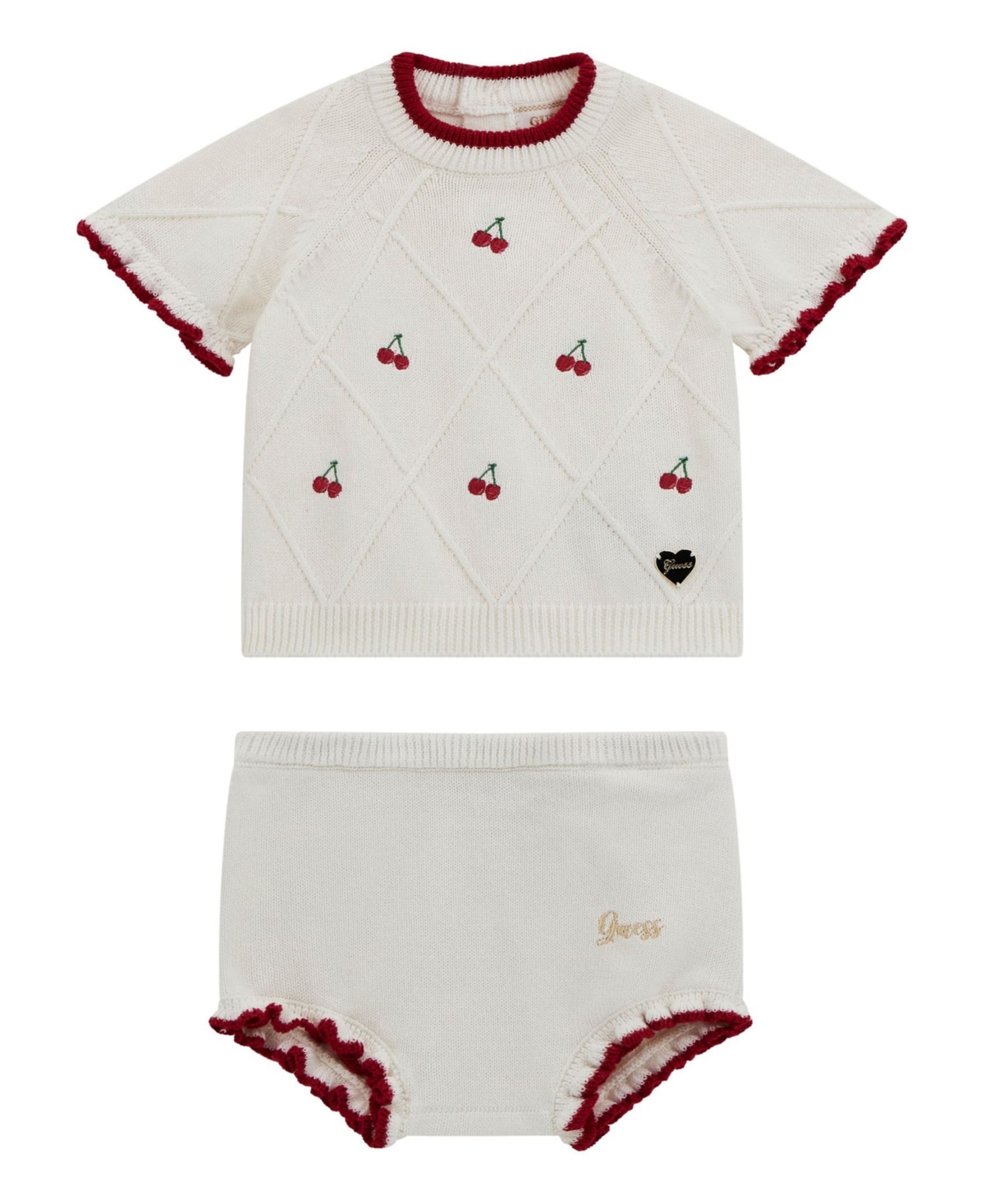 Guess Baby Girls 2-piece Sweater Top With Frill Edge And Matching Sweater Short Set In Cream