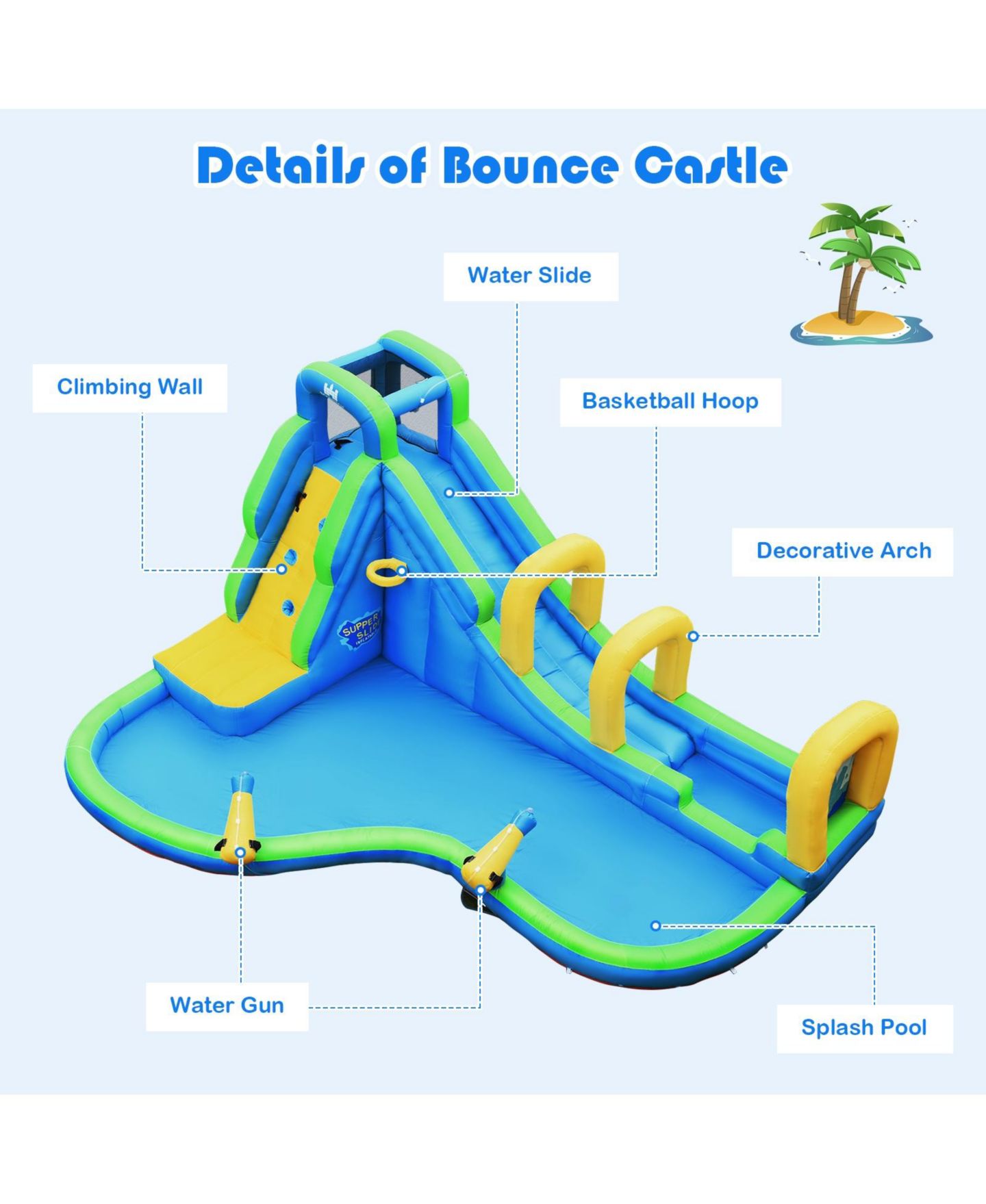 Детская игрушка Slickblue Inflatable Water Slide Bounce House with Water Cannons, 4-Kid Capacity, 4–12 лет, цвет: Синий — фото 8