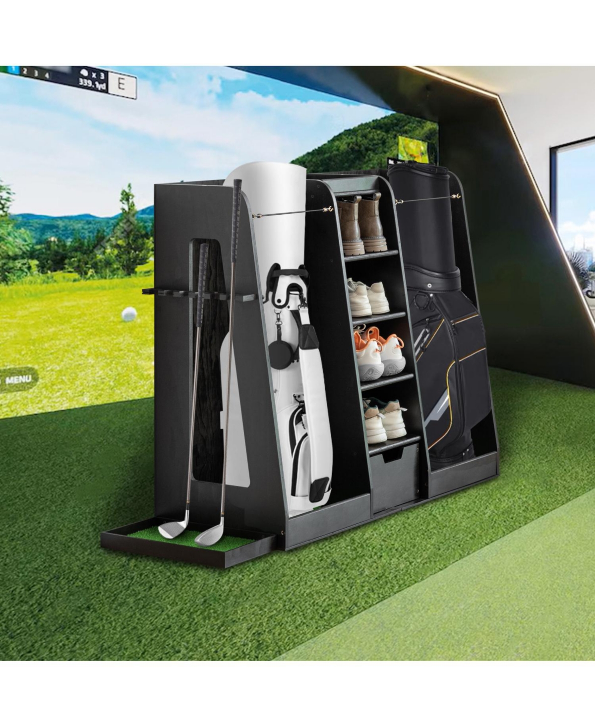 55" Wooden Golf Bag Organizer with Storage Drawers and Club Holders - Black