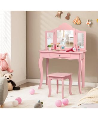 Kids Makeup Dressing Mirror Vanity Table Stool Set
