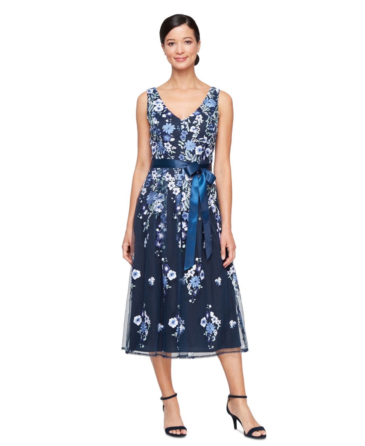 Alex Evenings Embroidered Mesh A-line Cocktail Dress In Navy Multi