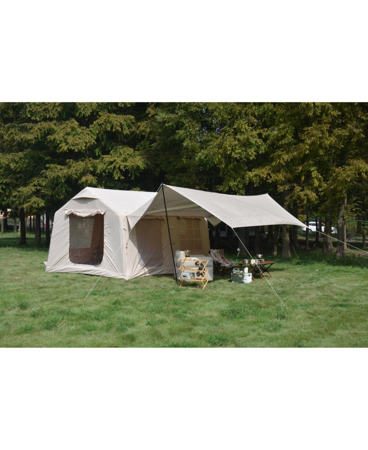 Inflatable Camping Tent with Canopy, Hand Pump, Easy Setup, Waterproof, Beige (9.8' x 13') - Beige