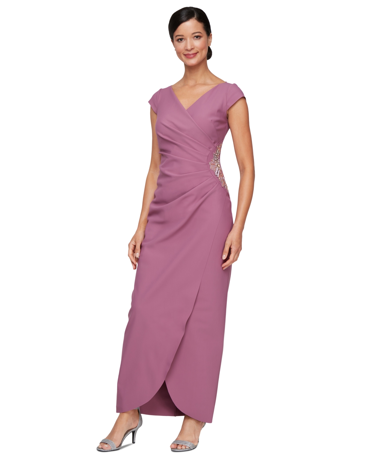 Women's Ruched Embellished Gown - Dark Mauve
