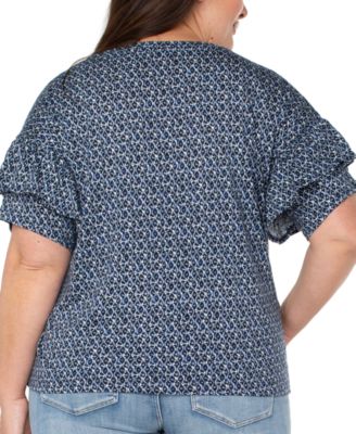 Liverpool Plus Size Printed Ruffled Half-Sleeve Top