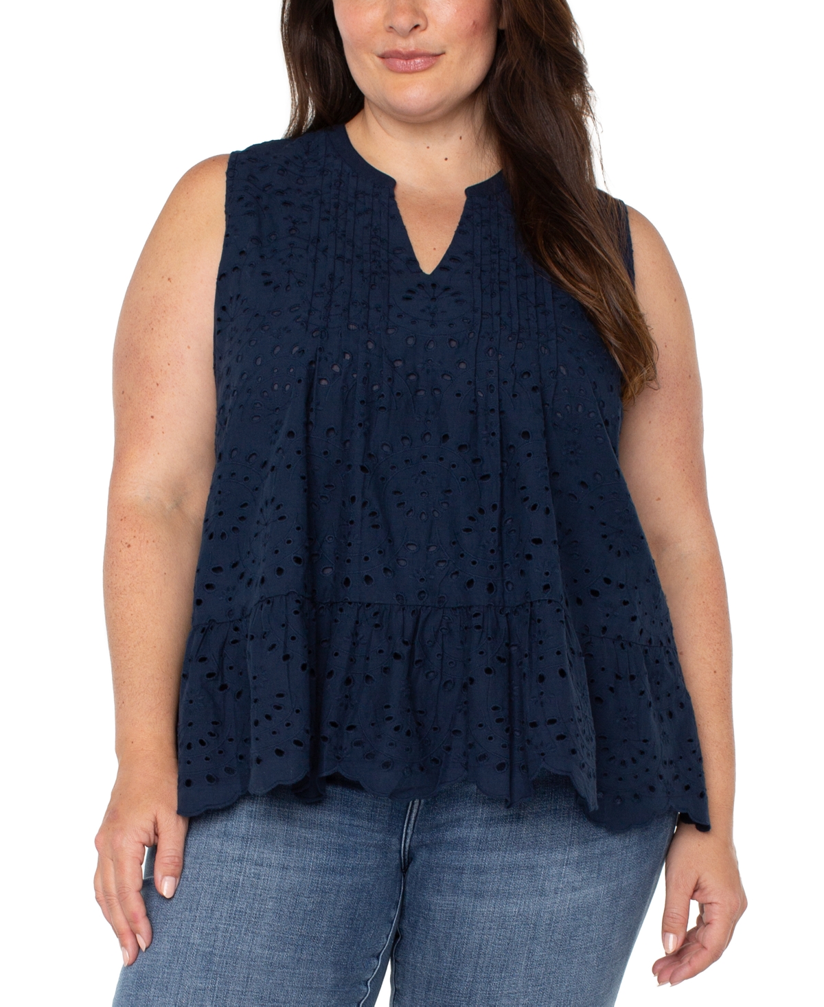 Liverpool Plus Size Cotton Eyelet Sleeveless Blouse In Navy